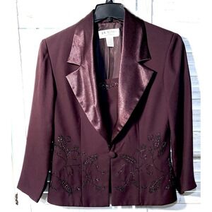 JR nites by caliendo Evening Blazer Wine Sz 14T LS Beads  Satin Lapels Romance